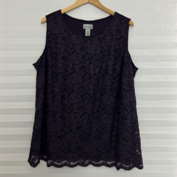 Catherines Tops - Catherines Purple Floral Lace Shimmer Tank Top Blouse Plus Sz 24W Scalloped Hem